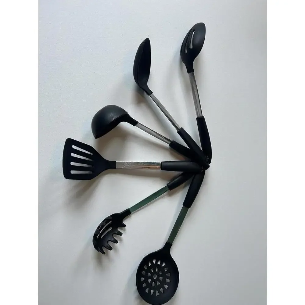 6 piece set of black silicone kitchen utensils with stainless steel handles
